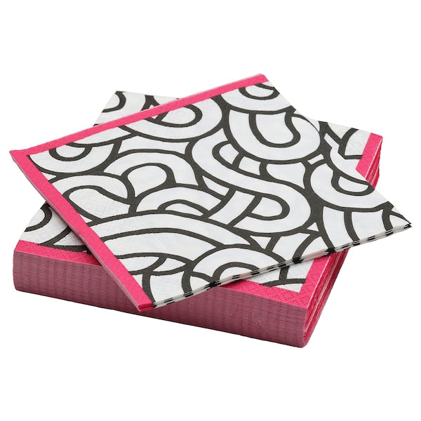 SÖTRÖNN - Paper napkin, patterned white/black pink, 33x33 cm