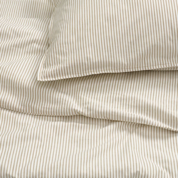SOLFIBBLA comforter cover and 2 pillowcases, white beige/striped, 240x220/50x80 cm
