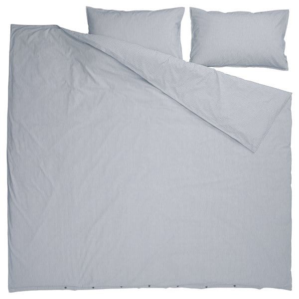 SOLFIBBLA comforter cover and 2 pillowcases, white blue/striped, 240x220/50x80 cm