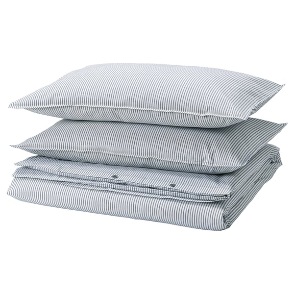 SOLFIBBLA comforter cover and 2 pillowcases, white blue/striped, 240x220/50x80 cm