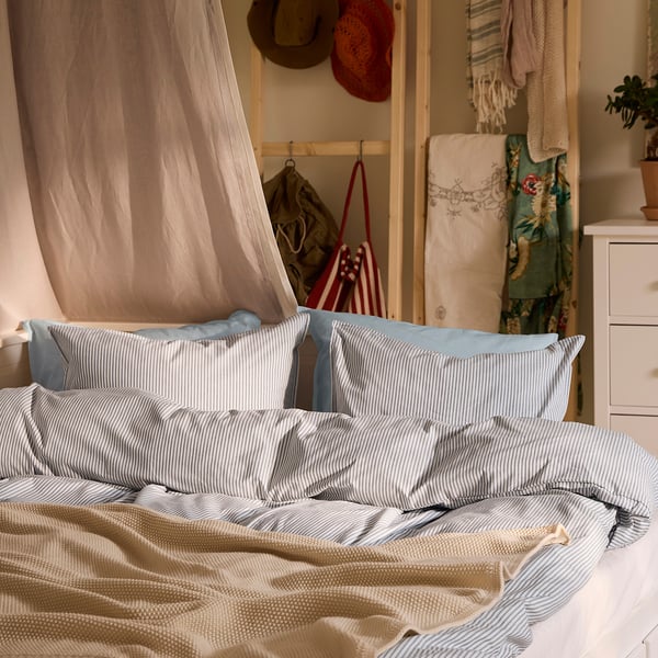SOLFIBBLA comforter cover and 2 pillowcases, white blue/striped, 240x220/50x80 cm