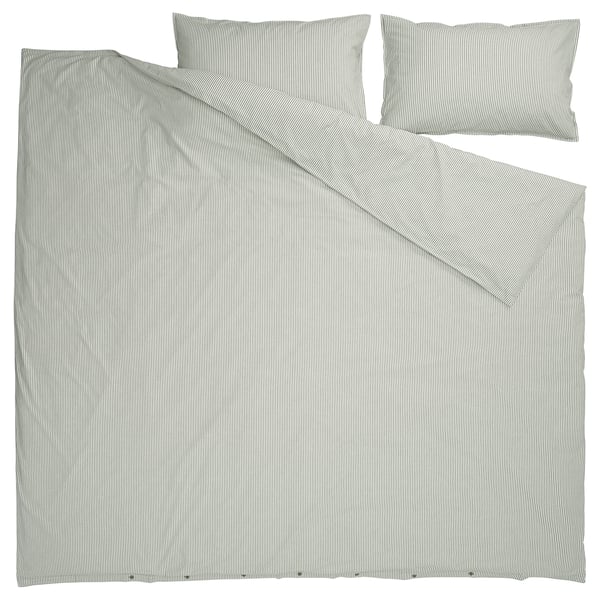 SOLFIBBLA comforter cover and 2 pillowcases, white green/striped, 240x220/50x80 cm