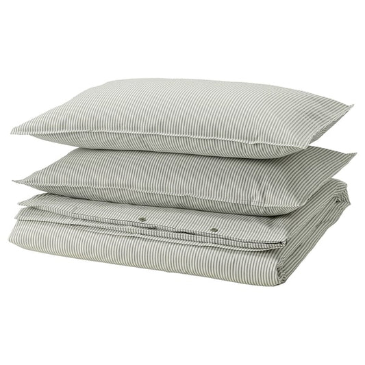 SOLFIBBLA comforter cover and 2 pillowcases, white green/striped, 240x220/50x80 cm