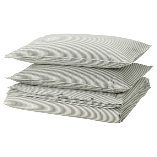 SOLFIBBLA duvet cover and 2 pillowcases, white green/stripe, 240x220/50x80 cm