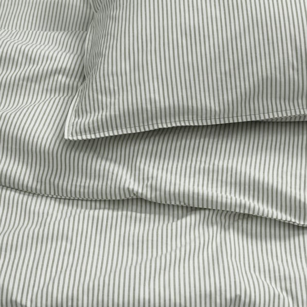 SOLFIBBLA comforter cover and 2 pillowcases, white green/striped, 240x220/50x80 cm