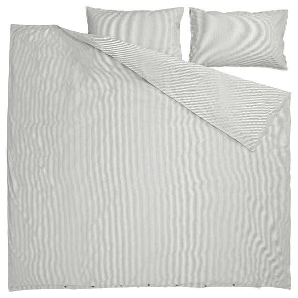 SOLFIBBLA comforter cover and 2 pillowcases, gray white/striped, 240x220/50x80 cm