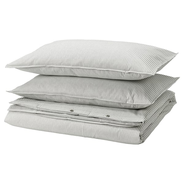 SOLFIBBLA comforter cover and 2 pillowcases, gray white/striped, 240x220/50x80 cm