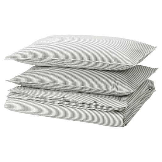 SOLFIBBLA comforter cover and 2 pillowcases, gray white/striped, 240x220/50x80 cm