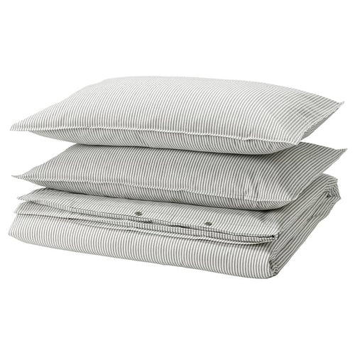 SOLFIBBLA duvet cover and 2 pillowcases, grey white/stripe, 240x220/50x80 cm
