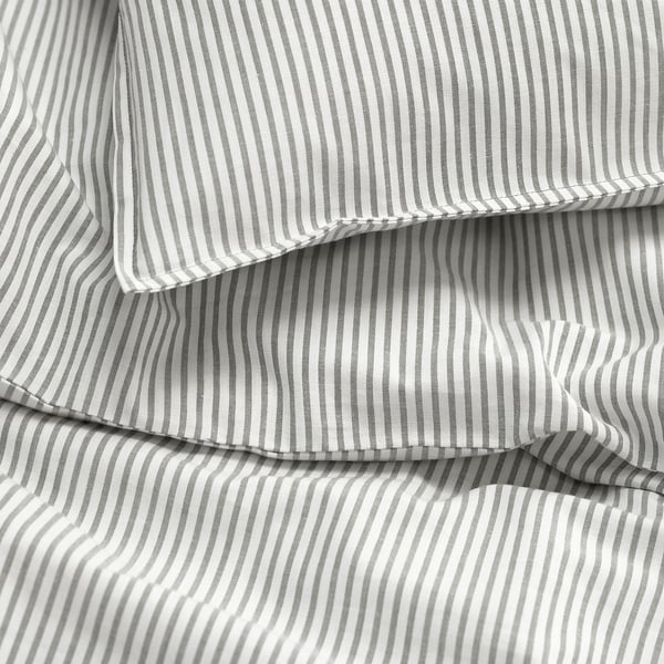 SOLFIBBLA comforter cover and 2 pillowcases, gray white/striped, 240x220/50x80 cm