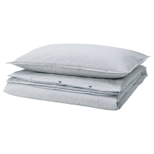 SOLFIBBLA comforter cover and pillowcase, white blue/striped, 150x200/50x80 cm