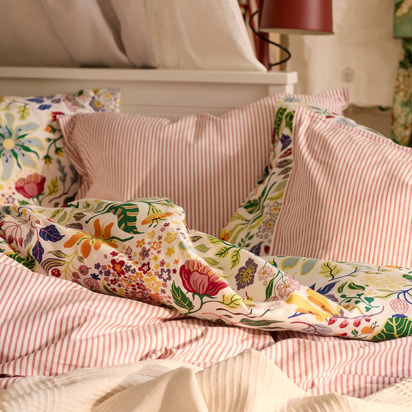 SOLFIBBLA duvet cover and pillowcase, white red/stripe, 150x200/50x80 cm
