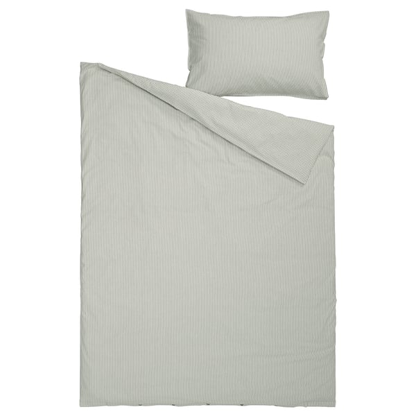 SOLFIBBLA comforter cover and pillowcase, white green/striped, 150x200/50x80 cm