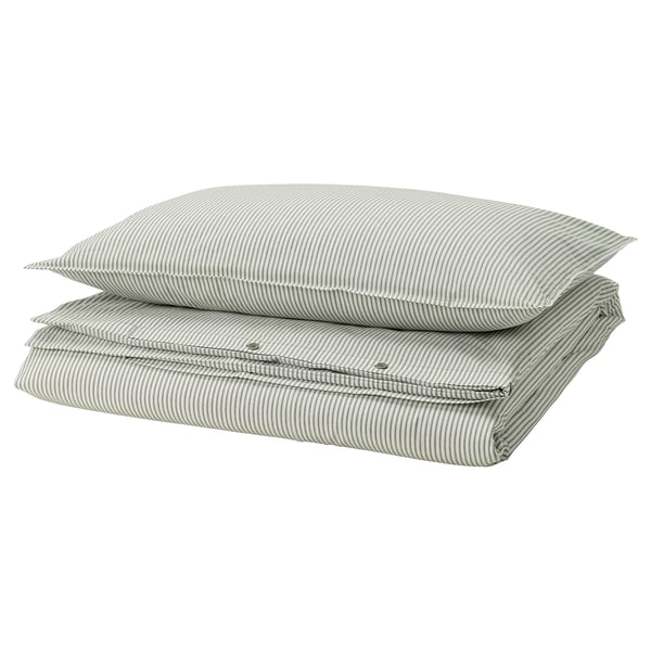 SOLFIBBLA comforter cover and pillowcase, white green/striped, 150x200/50x80 cm