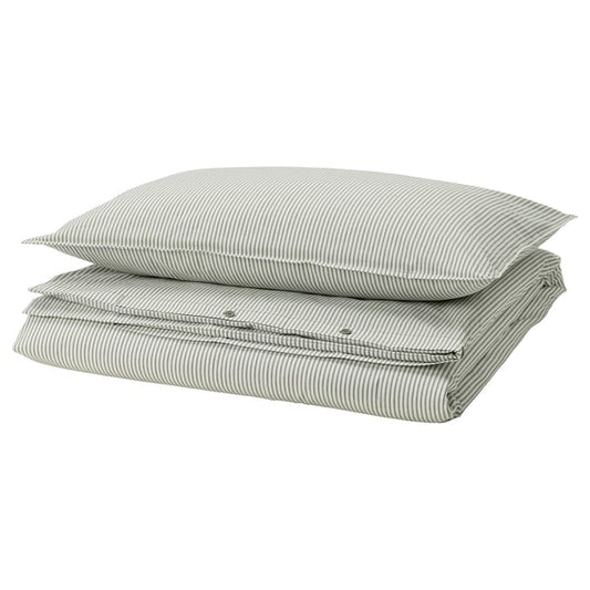 SOLFIBBLA comforter cover and pillowcase, white green/striped, 150x200/50x80 cm