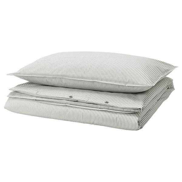 SOLFIBBLA comforter cover and pillowcase, gray white/striped, 150x200/50x80 cm
