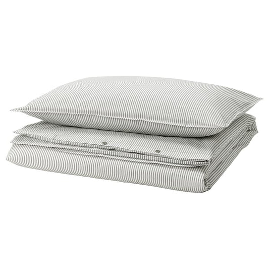 SOLFIBBLA comforter cover and pillowcase, gray white/striped, 150x200/50x80 cm