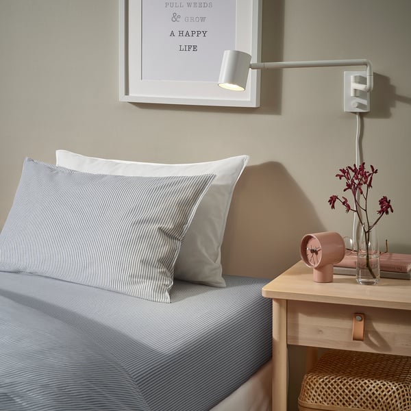 SOLFIBBLA flat sheet, white blue/stripe, 150x260 cm