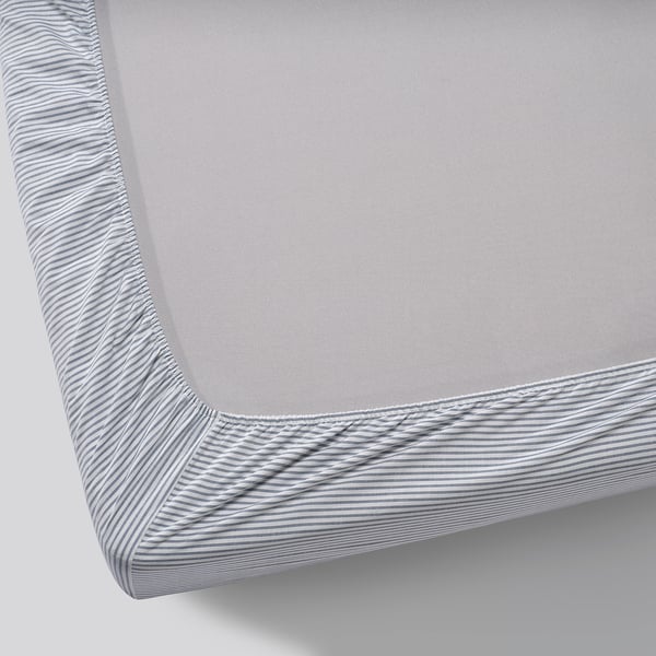 SOLFIBBLA fitted sheet with corners, white blue/striped, 90x200 cm