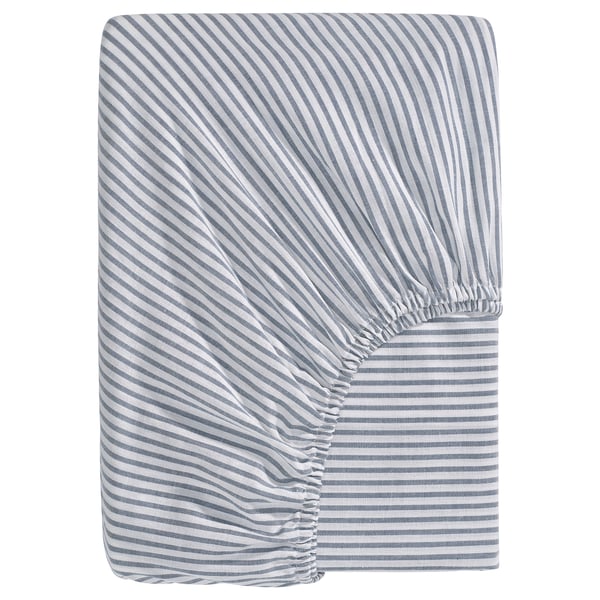 SOLFIBBLA fitted sheet with corners, white blue/striped, 90x200 cm