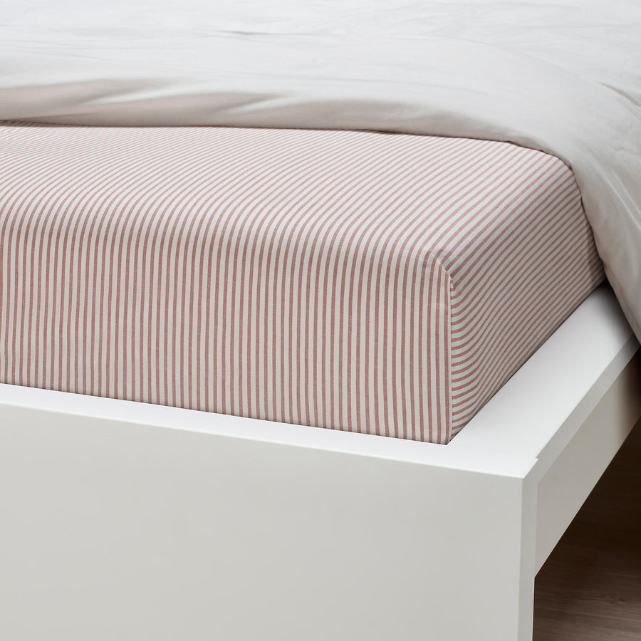 SOLFIBBLA fitted sheet, white red/stripe, 160x200 cm