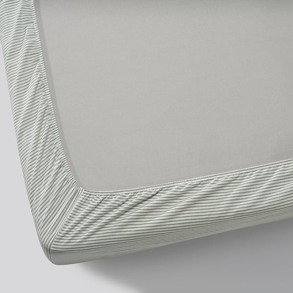 SOLFIBBLA fitted sheet with corners, white green/striped, 90x200 cm