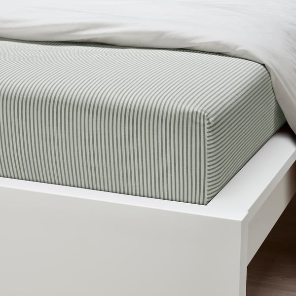 SOLFIBBLA fitted sheet, white green/stripe, 90x200 cm