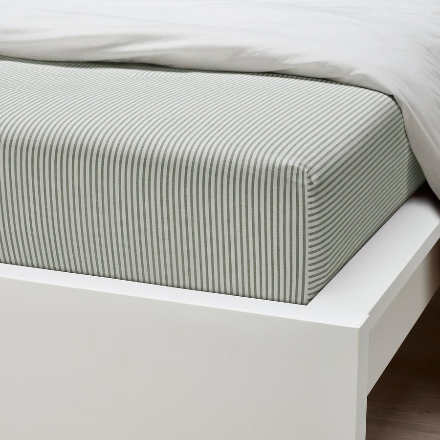 SOLFIBBLA fitted sheet, white green/stripe, 140x200 cm