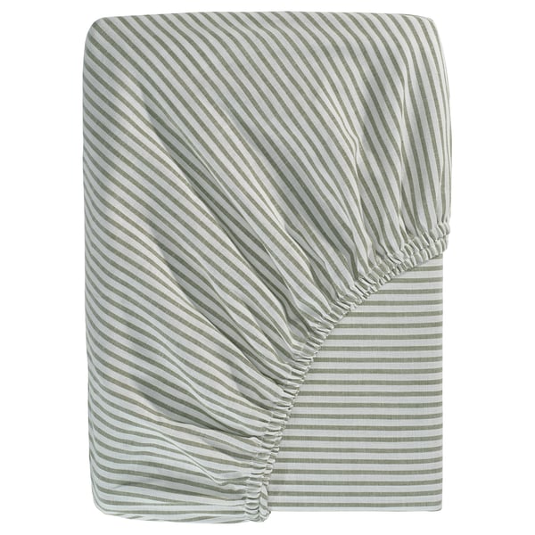 SOLFIBBLA fitted sheet with corners, white green/striped, 90x200 cm