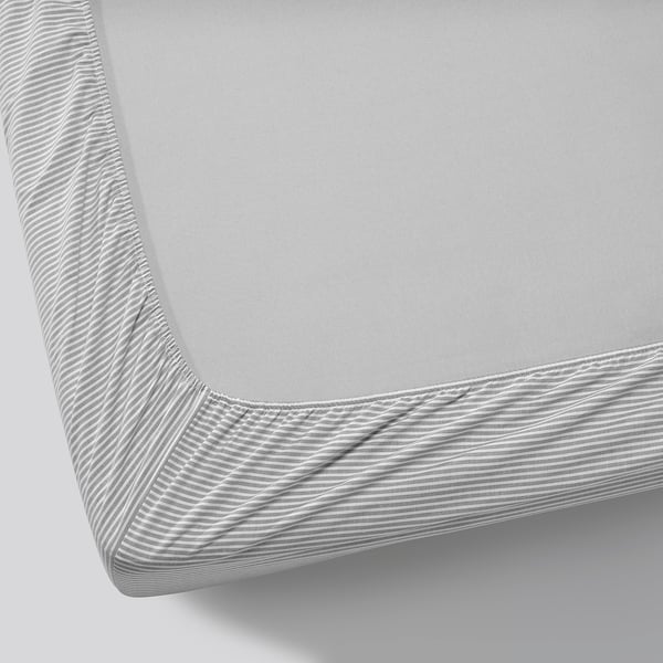 SOLFIBBLA fitted sheet with corners, gray white/striped, 140x200 cm