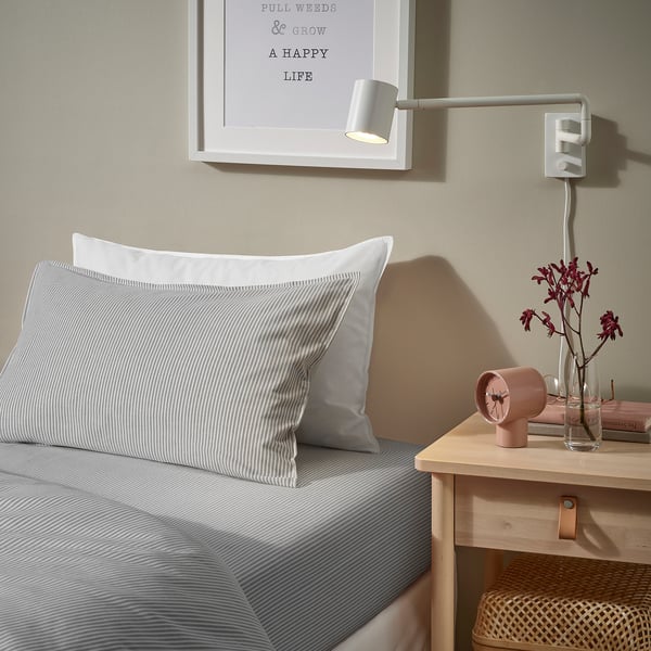 SOLFIBBLA fitted sheet, grey white/stripe, 140x200 cm