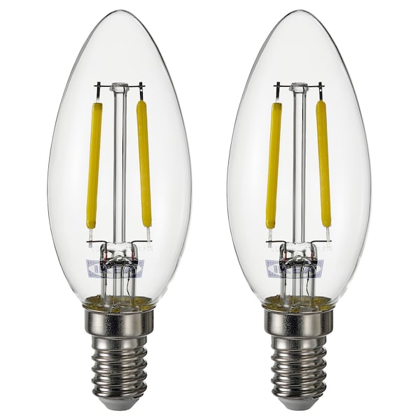 SOLHETTA LED bulb E14 250 lumen, chandelier/clear, 35 mm, 2 pack