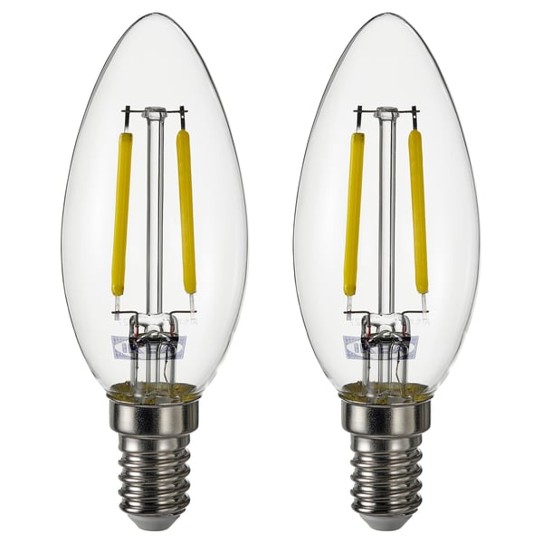 SOLHETTA LED bulb E14 250 lumen, chandelier/clear, 35 mm, 2 pack