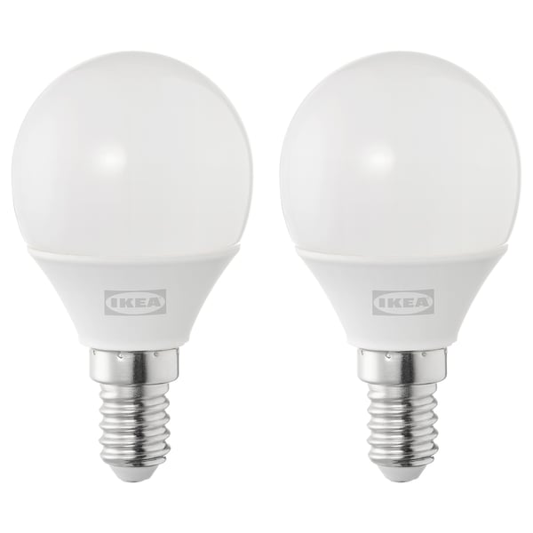 SOLHETTA LED bulb E14 250 lumen, globe opal white, 45 mm, 2 pack