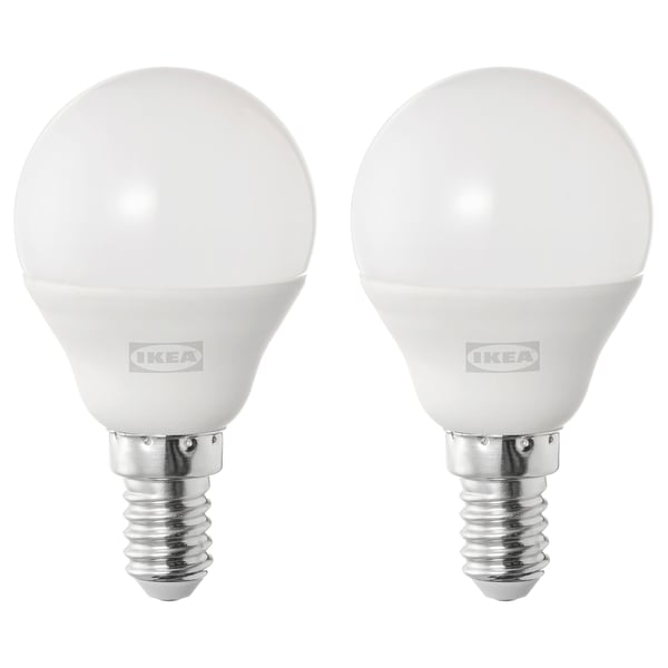 SOLHETTA LED bulb E14 470 lumen, globe opal white, 45 mm, 2 pack