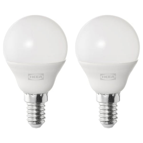 SOLHETTA LED bulb E14 470 lumen, globe opal white, 45 mm, 2 pack