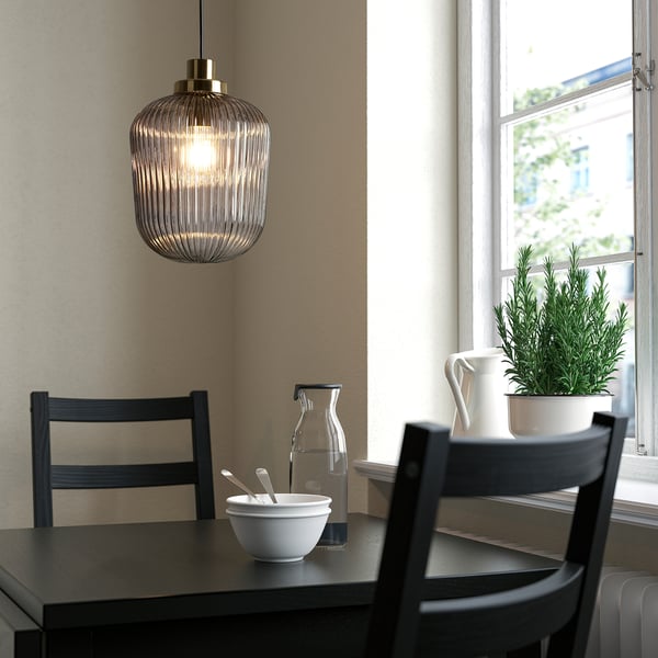 SOLKLINT pendant lamp, brass/grey clear glass, 22 cm