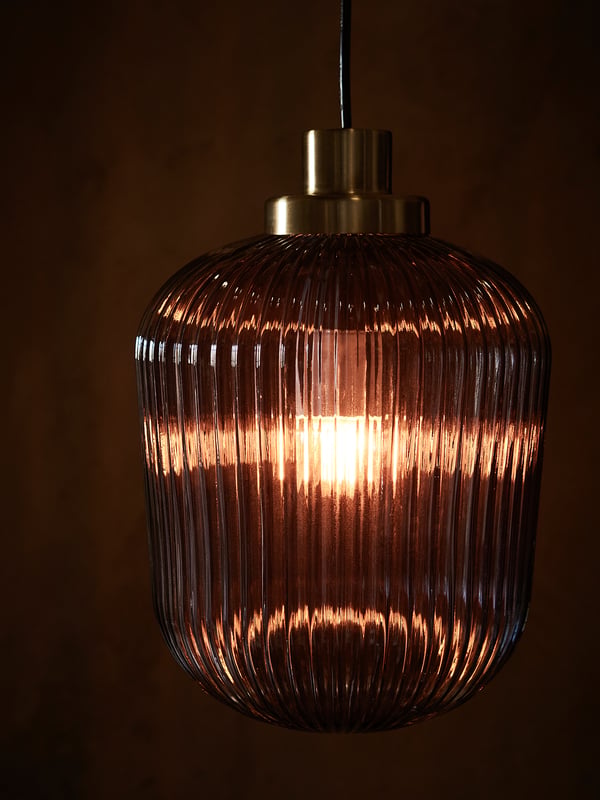 SOLKLINT pendant lamp, brass/grey clear glass, 22 cm