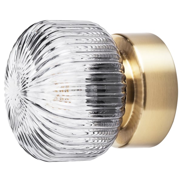 SOLKLINT wall lamp, wired-in installation, brass/grey clear glass, 16 cm