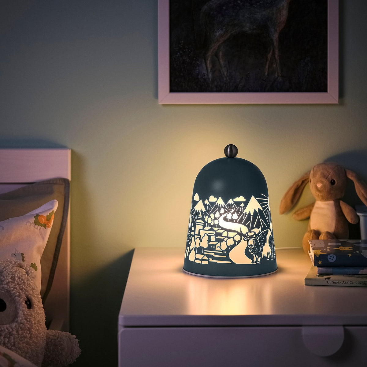SOLSKUR LED table lamp, light blue/nickel-plated