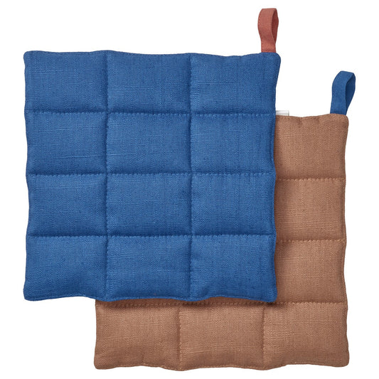 SOLUPPGÅNG pot holder, blue/brown, 21x21 cm, 2 pack