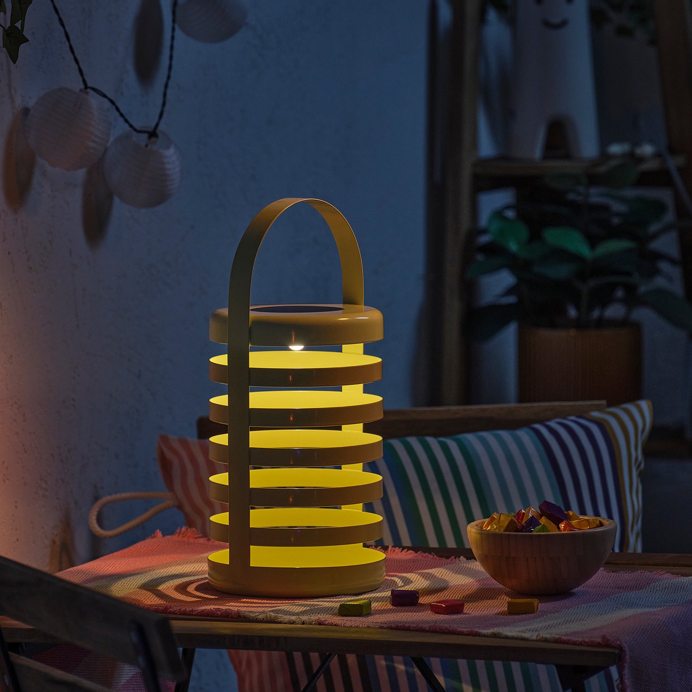 SOLVINDEN LED decorative table lamp, solar-powered stripe/outdoor light green, 14 cm