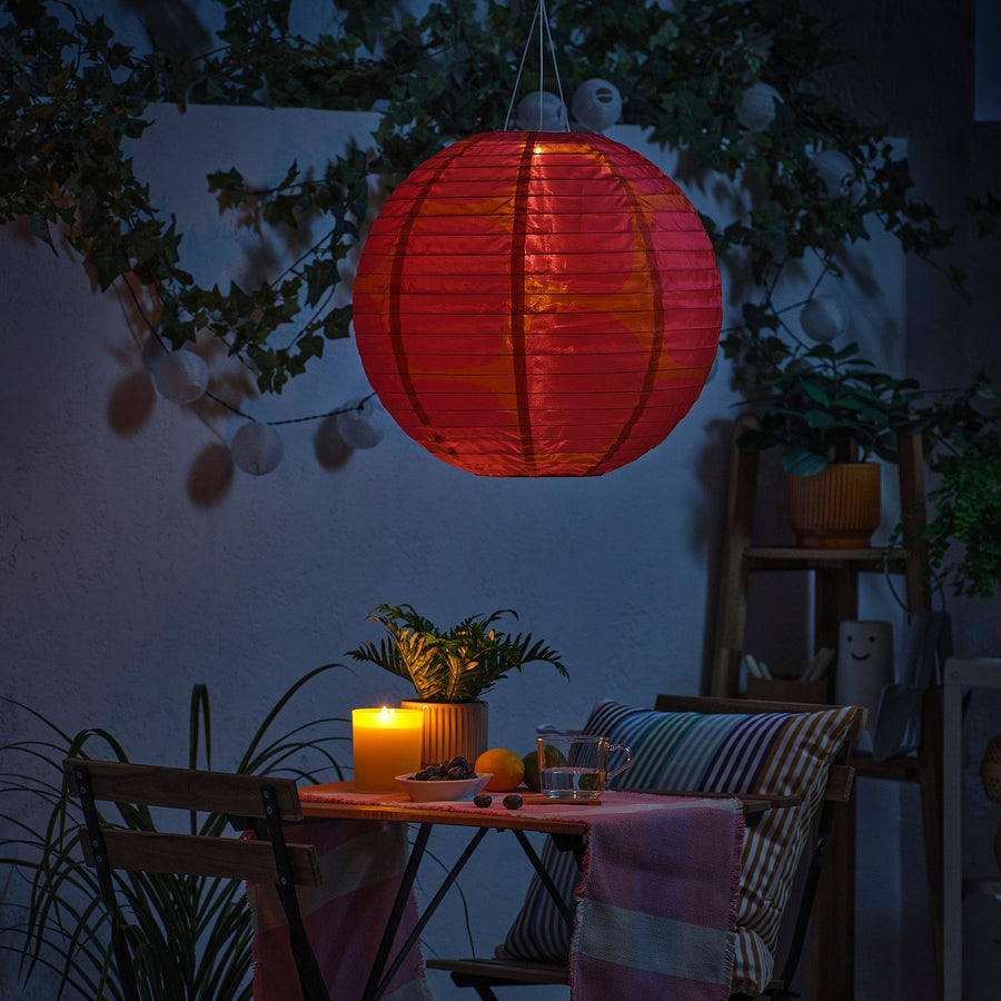 SOLVINDEN LED solar-powered pendant lamp, outdoor globe/orange dark pink, 45 cm