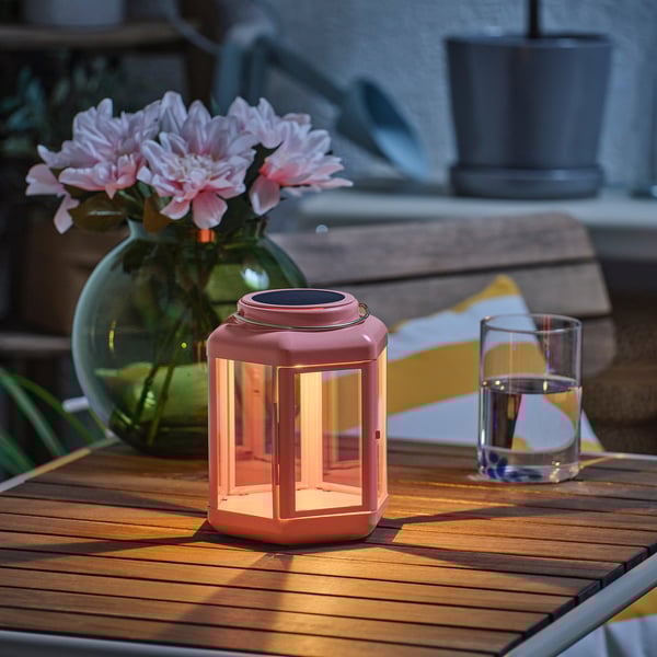 SOLVINDEN - SOLVINDEN LED solar-powered table lamp, lantern/pink, 17 cm