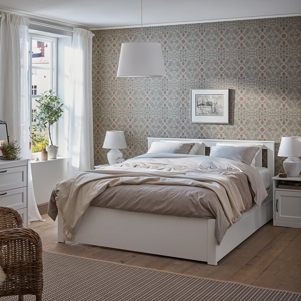 SONGESAND Bed frame with 2 storage units, white/Lindbåden, 160x200 cm
