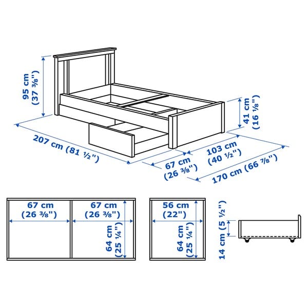 Ikea SONGESAND Bed frame with 2 storage units, white/Lindbåden, 90x200 cm