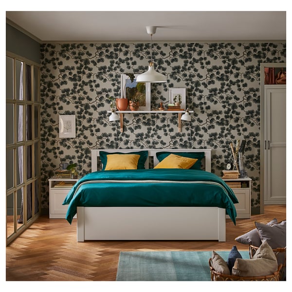 SONGESAND Bed frame with 2 storage units, white/Lindbåden, 160x200 cm