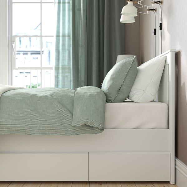 SONGESAND Bed frame with 2 storage units, white/Lindbåden, 160x200 cm
