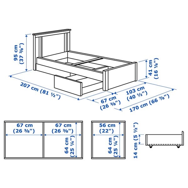 Ikea SONGESAND Bed structure with 2 containers - white/Lönset 90x200 cm , 90x200 cm