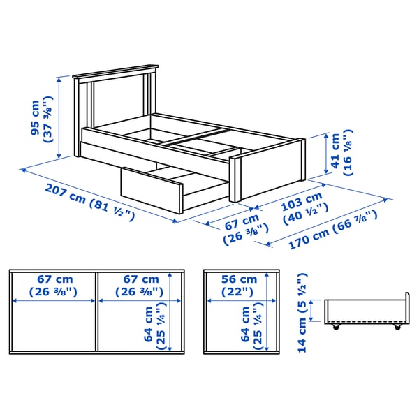 SONGESAND bed frame with 2 storage boxes, white/Luröy, 90x200 cm